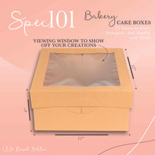 Load image into Gallery viewer, Cake Boxes with Window 25-Pack 12” x 12” x 6” Inch Brown Bakery Boxes