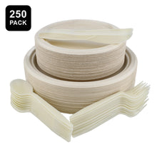 Load image into Gallery viewer, Disposable Dinnerware Set 250pc Beige Sugarcane Plates and Utensils