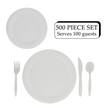 Load image into Gallery viewer, Disposable Dinnerware Set 500pc White Sugarcane Plates and Utensils